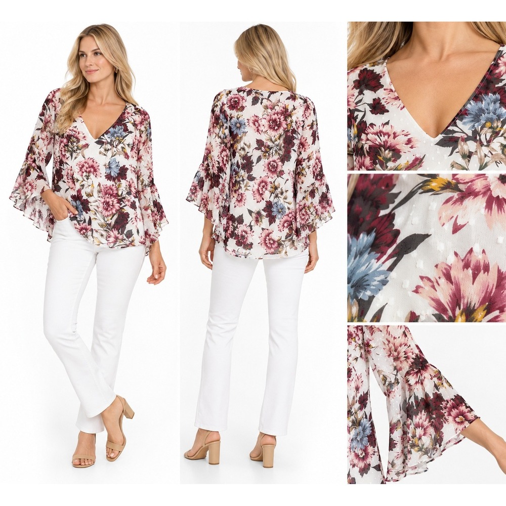 White House Black Market Blouse 6 Floral Clip Dot Bell Sleeve V Neck Boho Top